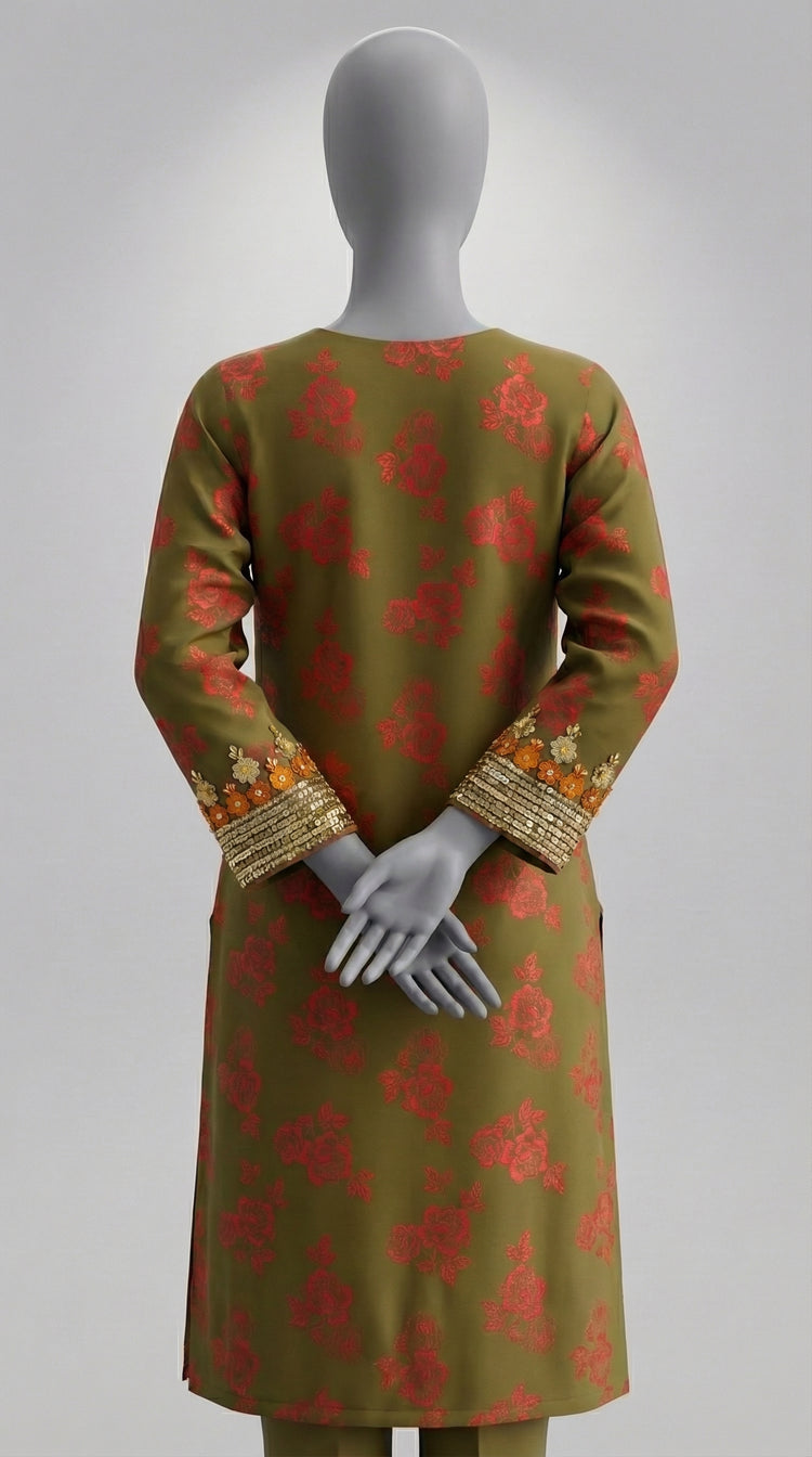 Olive green hand embroidered crepe silk suit with Adda work
