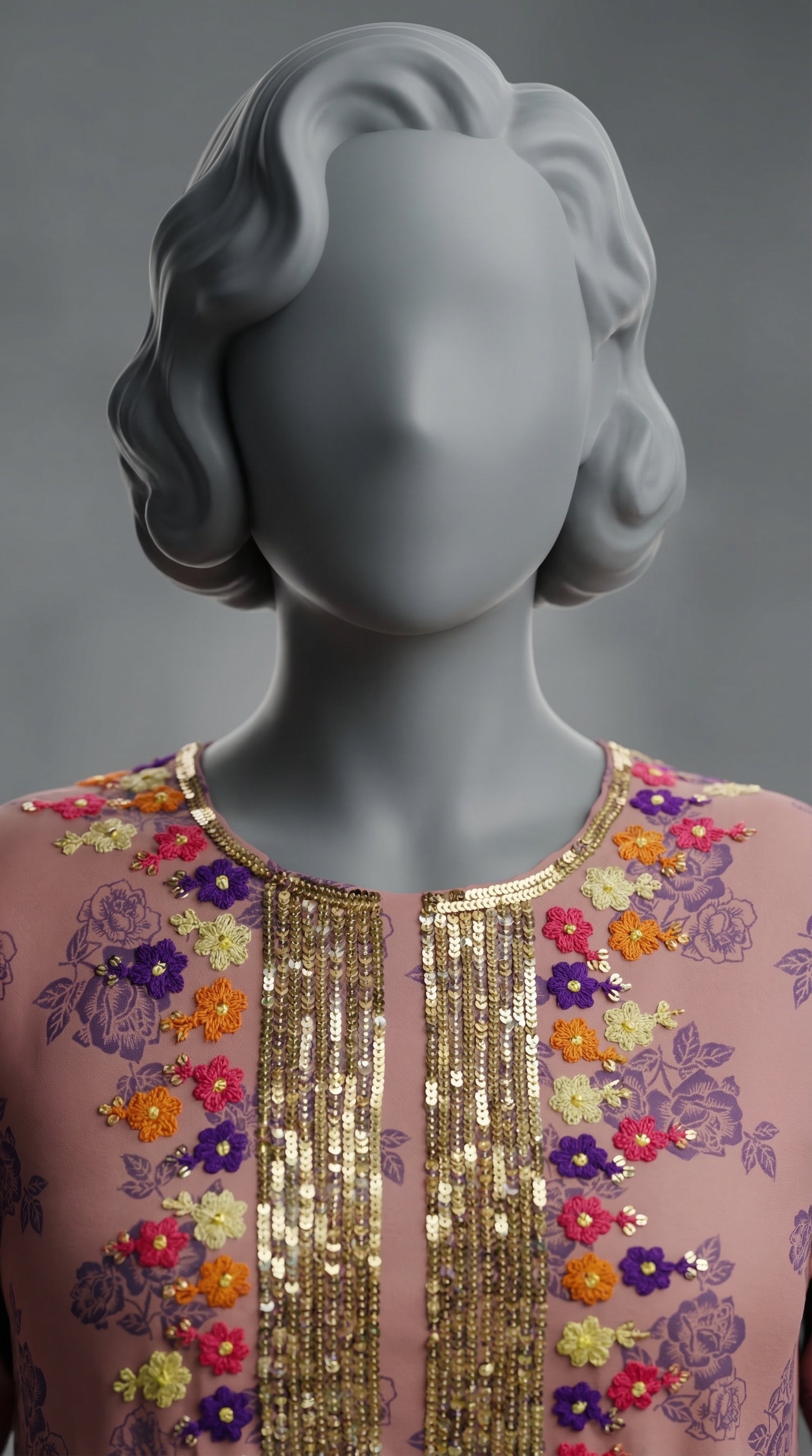 Hand embroidered neckline and hem detail on peach orange suit