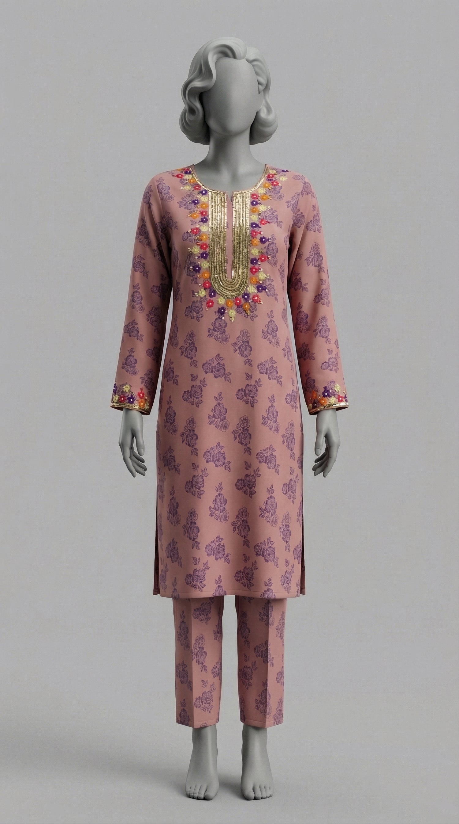Two piece unstitched peach orange crepe silk suit set