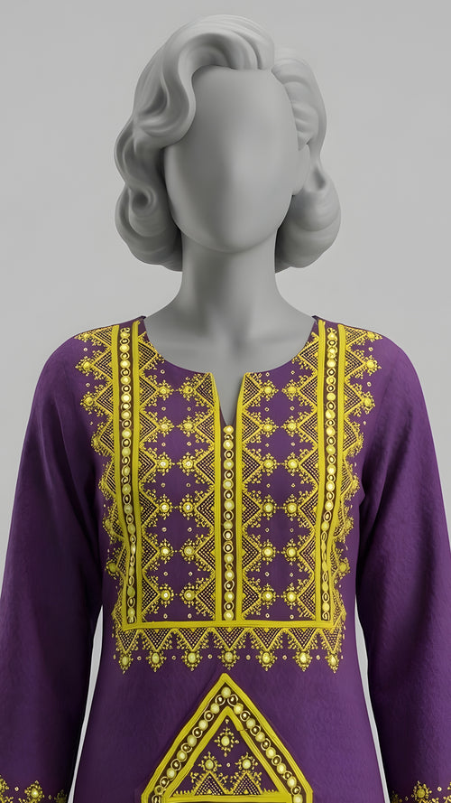 Close-up of Balochi hand embroidery detail on suit
