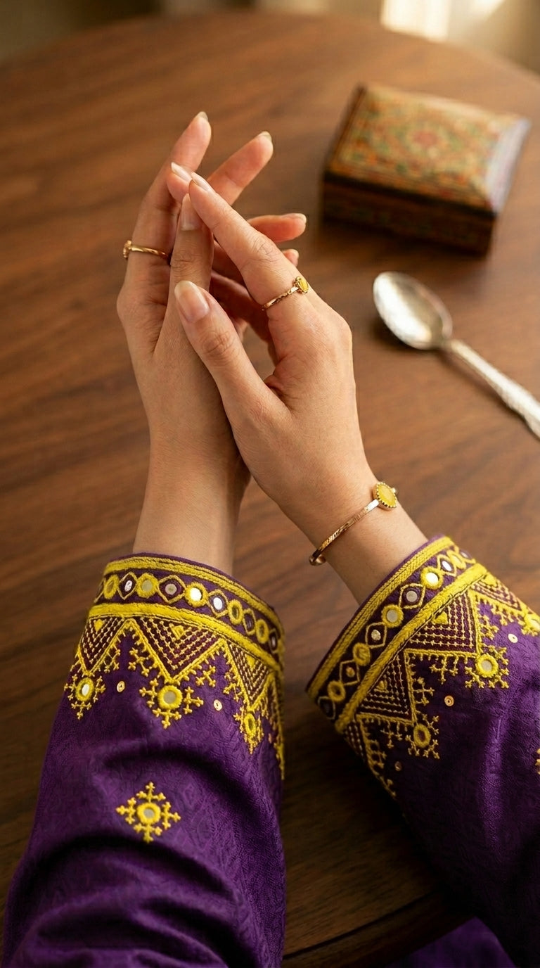 Close-up of hands with embroidered sleeves on a wooden table.