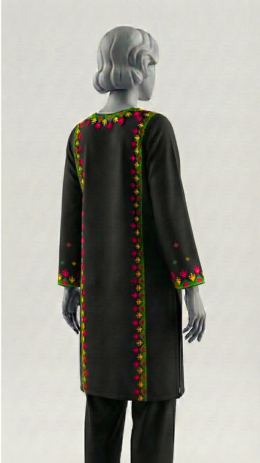 Close-up of Adda work hand embroidery on black lawn fabric
