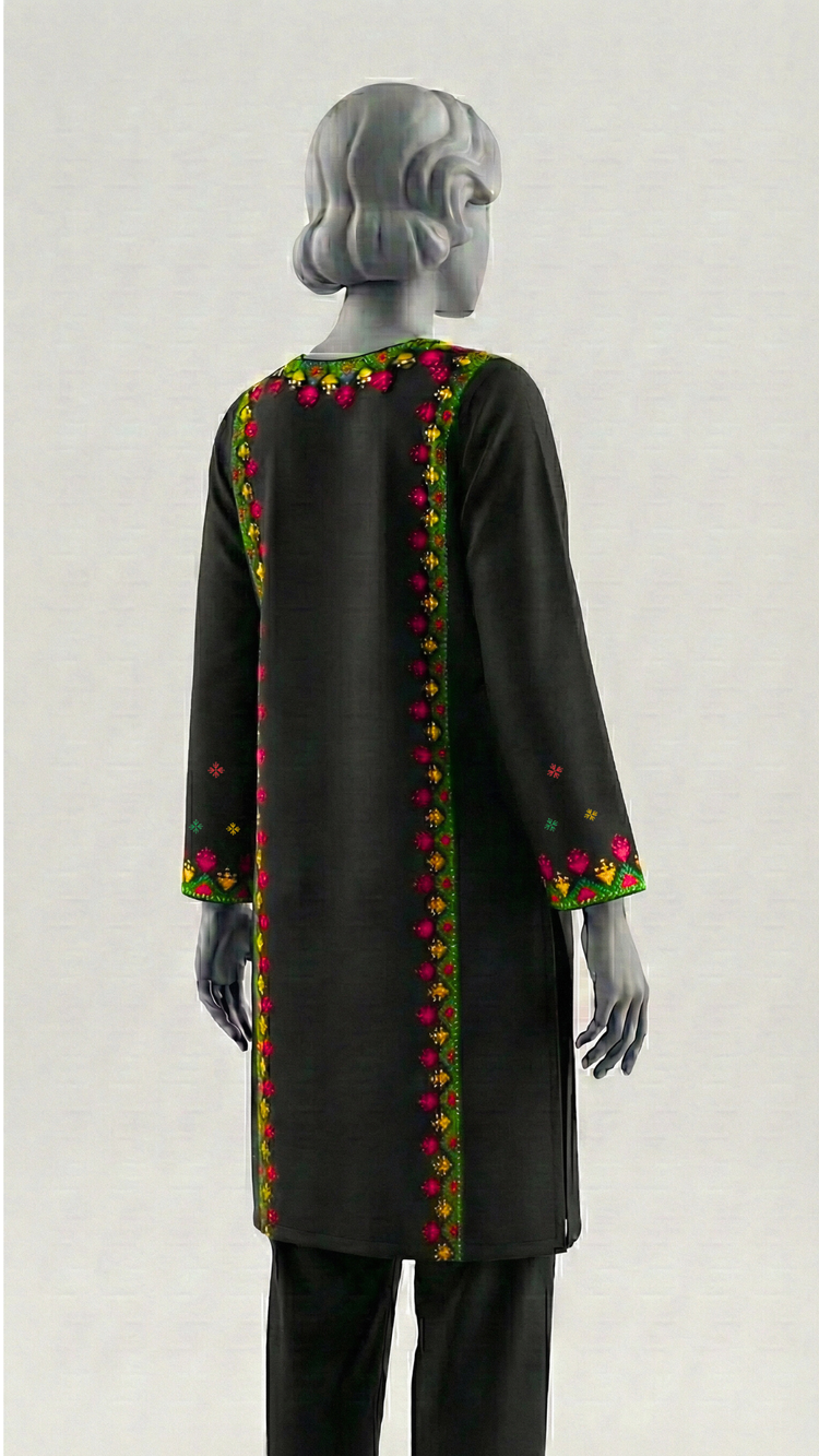 Close-up of Adda work hand embroidery on black lawn fabric
