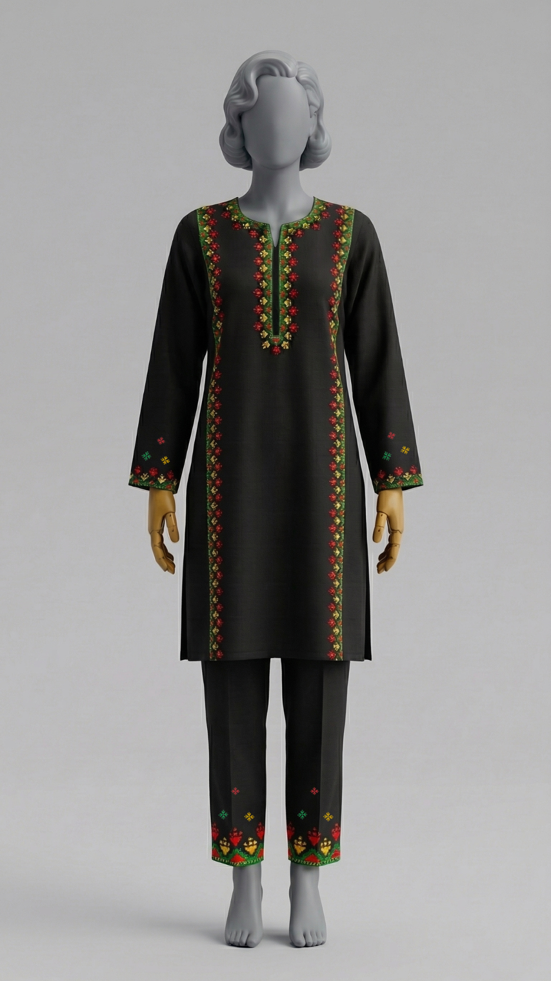 Hand embroidered neckline and sleeves detail on black suit
