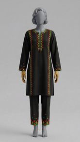 Hand embroidered neckline and sleeves detail on black suit
