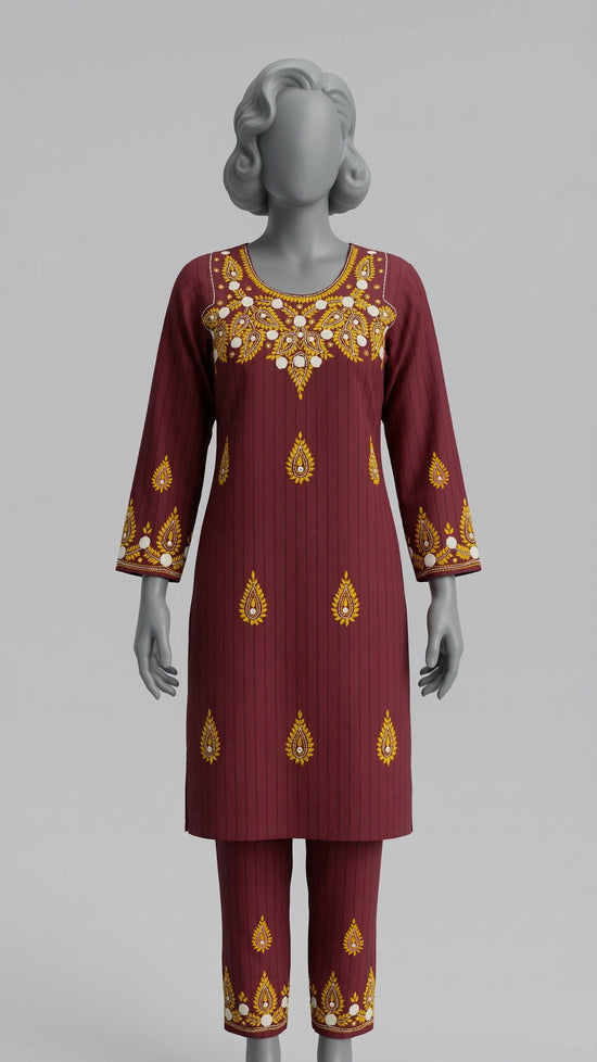 
Two piece unstitched burgundy lawn suit with hand embroidered neckline



