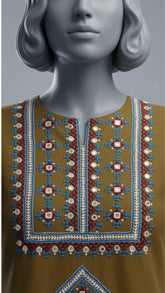 Two piece unstitched Balochi suit in tan mustard with mirror embellishments

