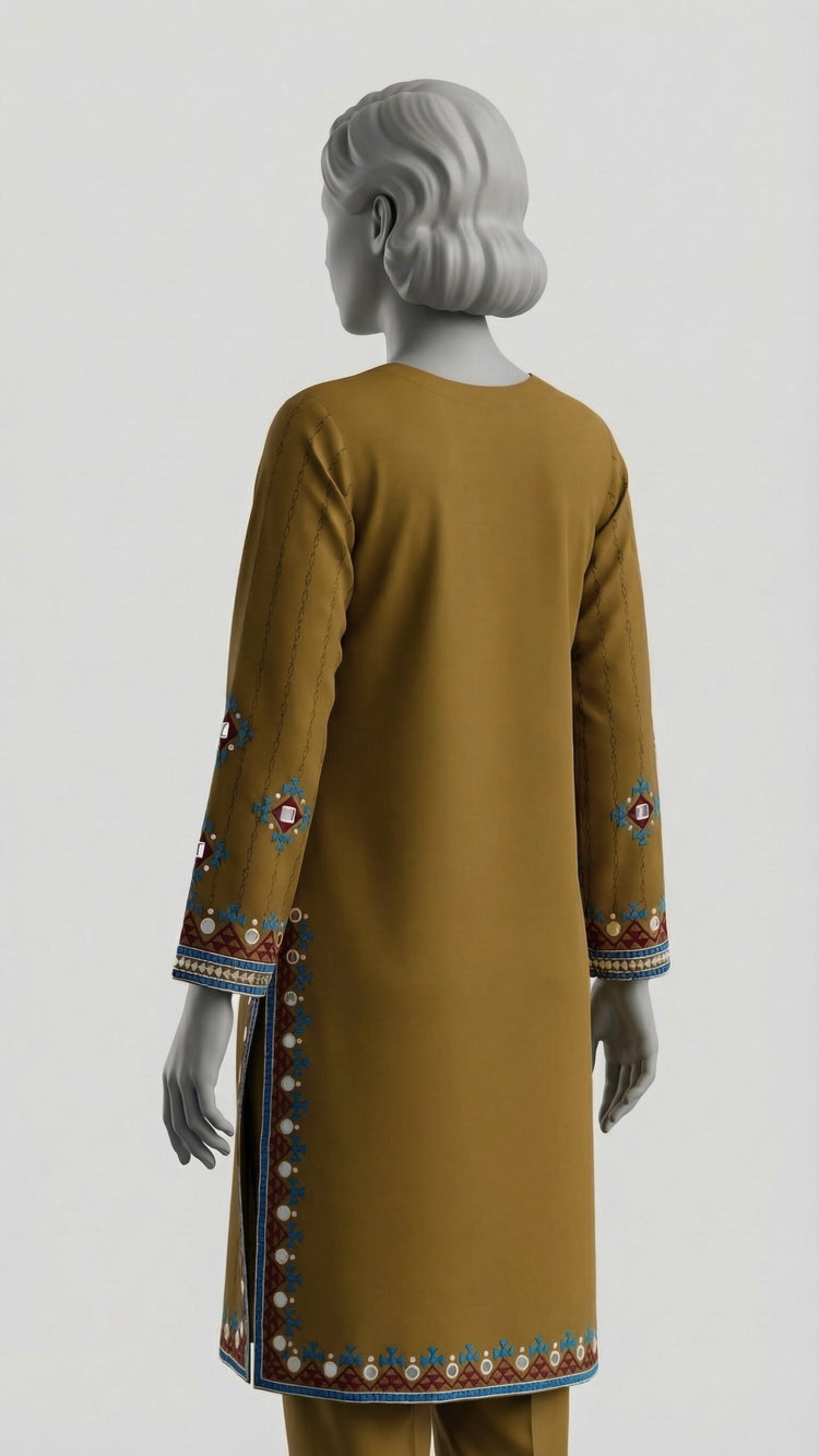 Front and back view of hand embroidered Balochi lawn suit in tan mustard

