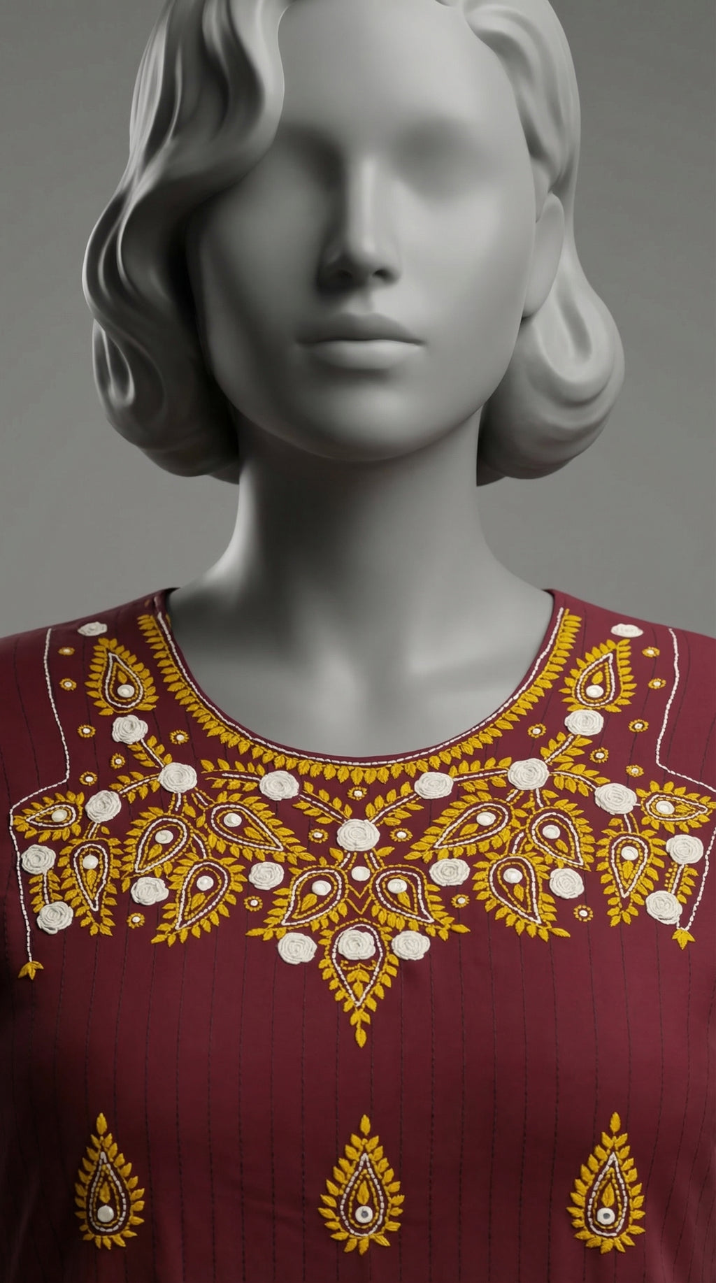  Close-up of rose tanka hand embroidery with mirror embellishments on burgundy lawn

