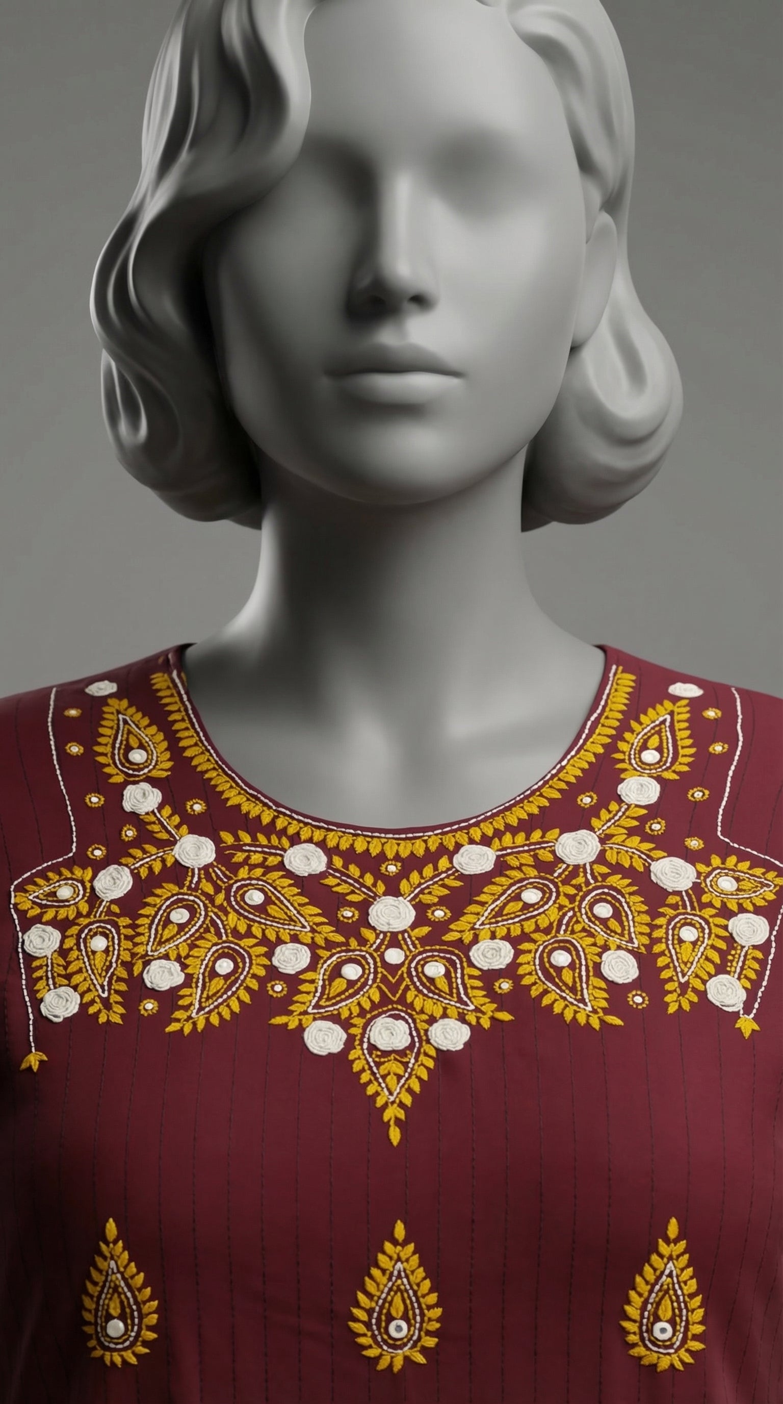  Close-up of rose tanka hand embroidery with mirror embellishments on burgundy lawn

