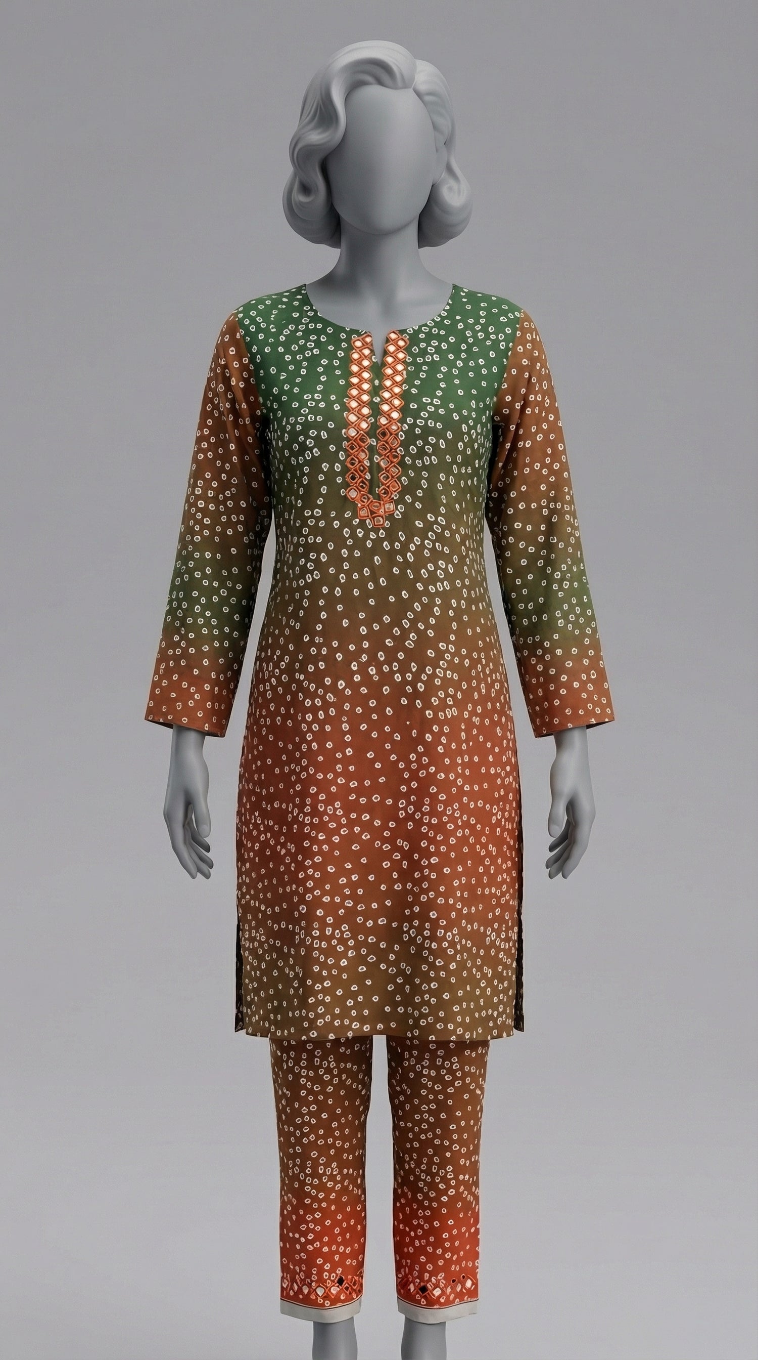 Dye and dye green orange hand embroidered silk suit with mirror work
