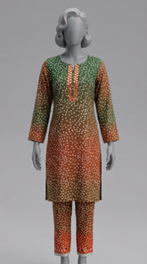 Dye and dye green orange hand embroidered silk suit with mirror work
