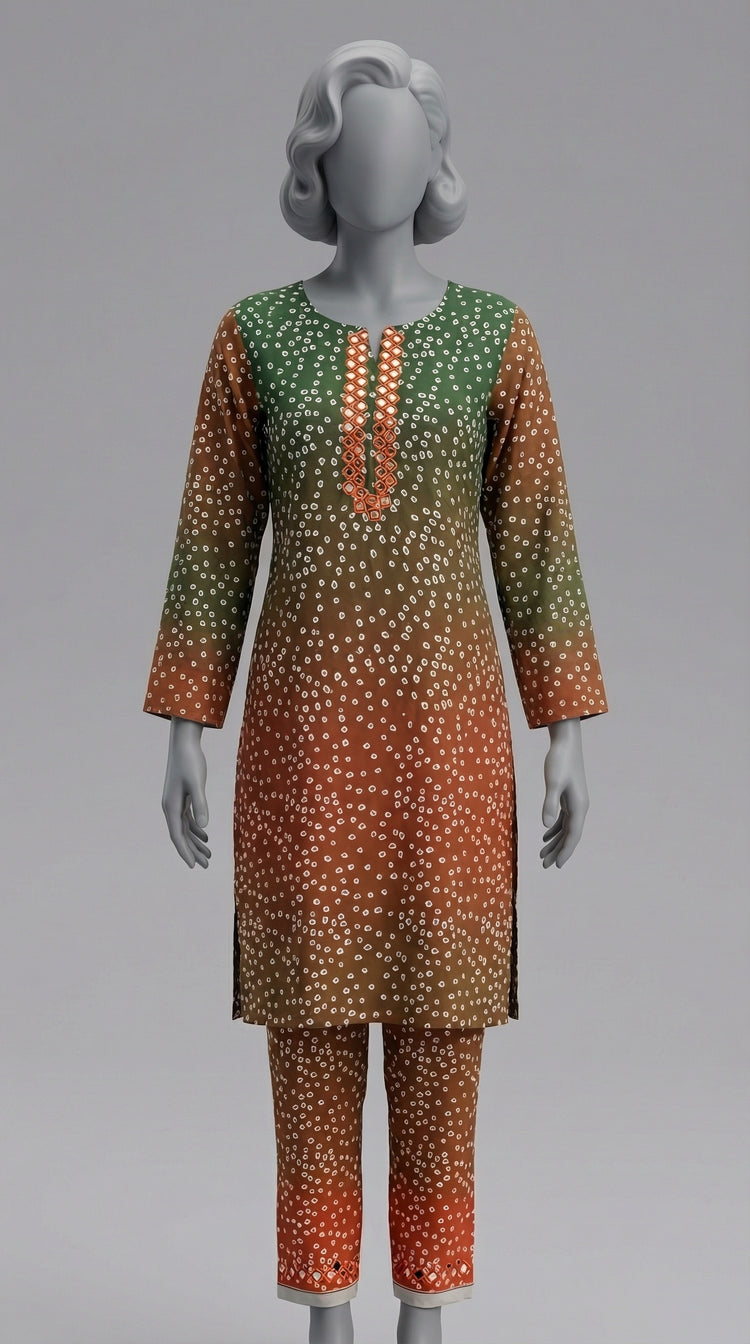 Dye and dye green orange hand embroidered silk suit with mirror work
