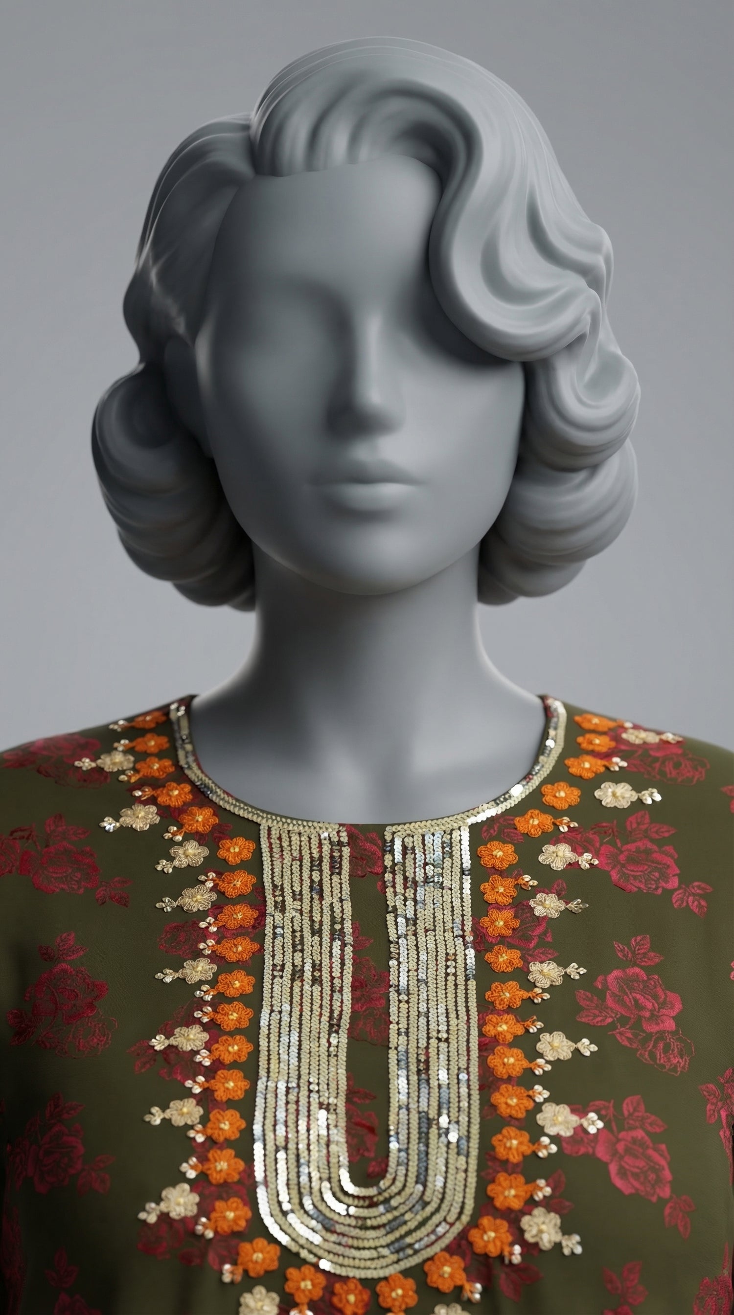 Hand embroidered neckline detail on olive green silk suit