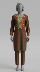 Two piece unstitched olive green crepe silk suit set
