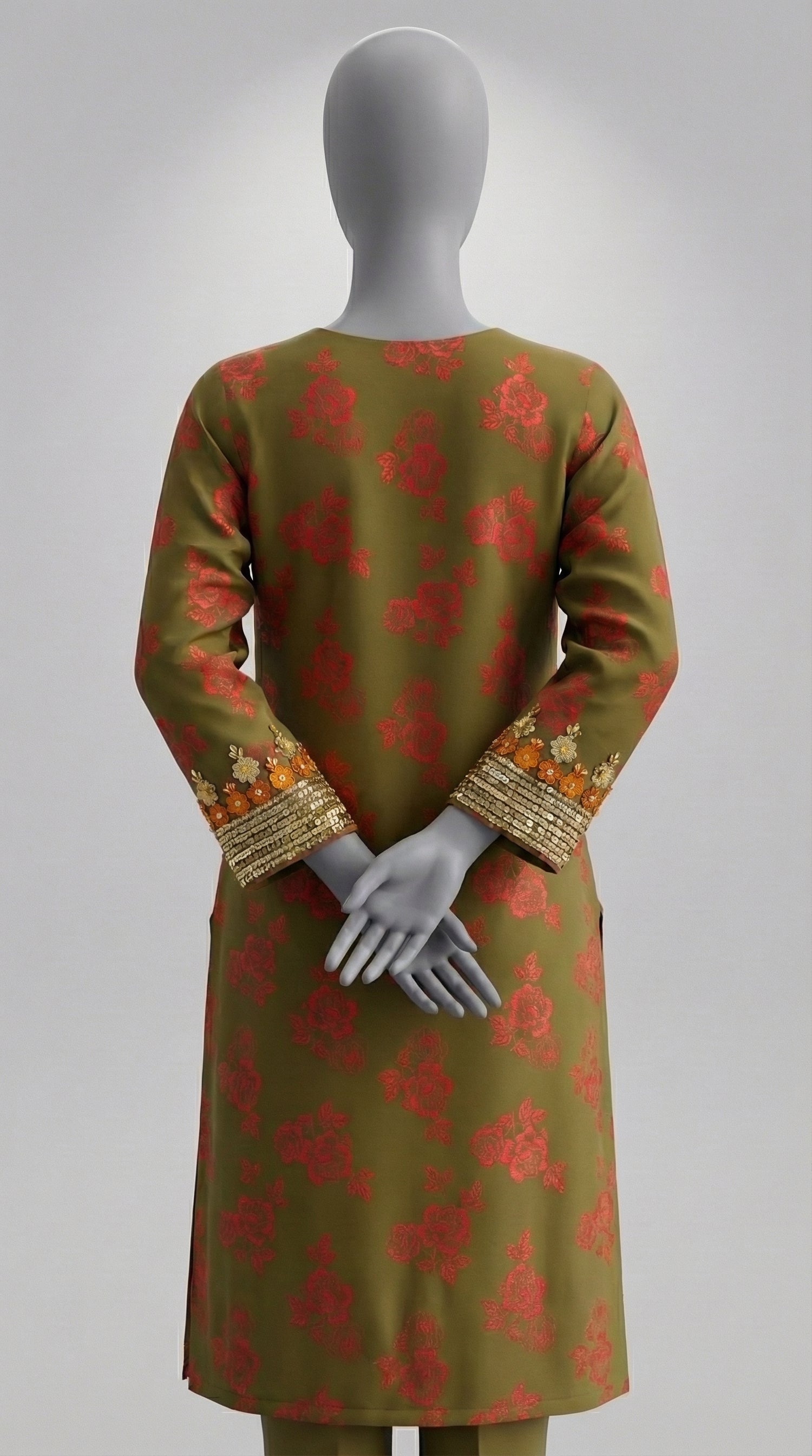 Olive green hand embroidered crepe silk suit with Adda work
