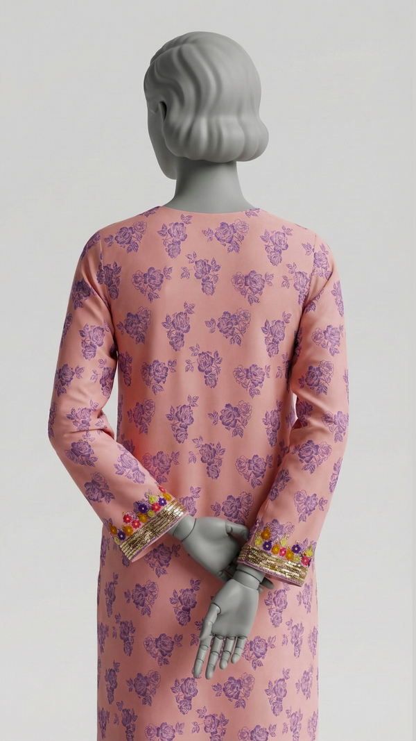Peach and orange hand embroidered crepe silk suit with Adda work