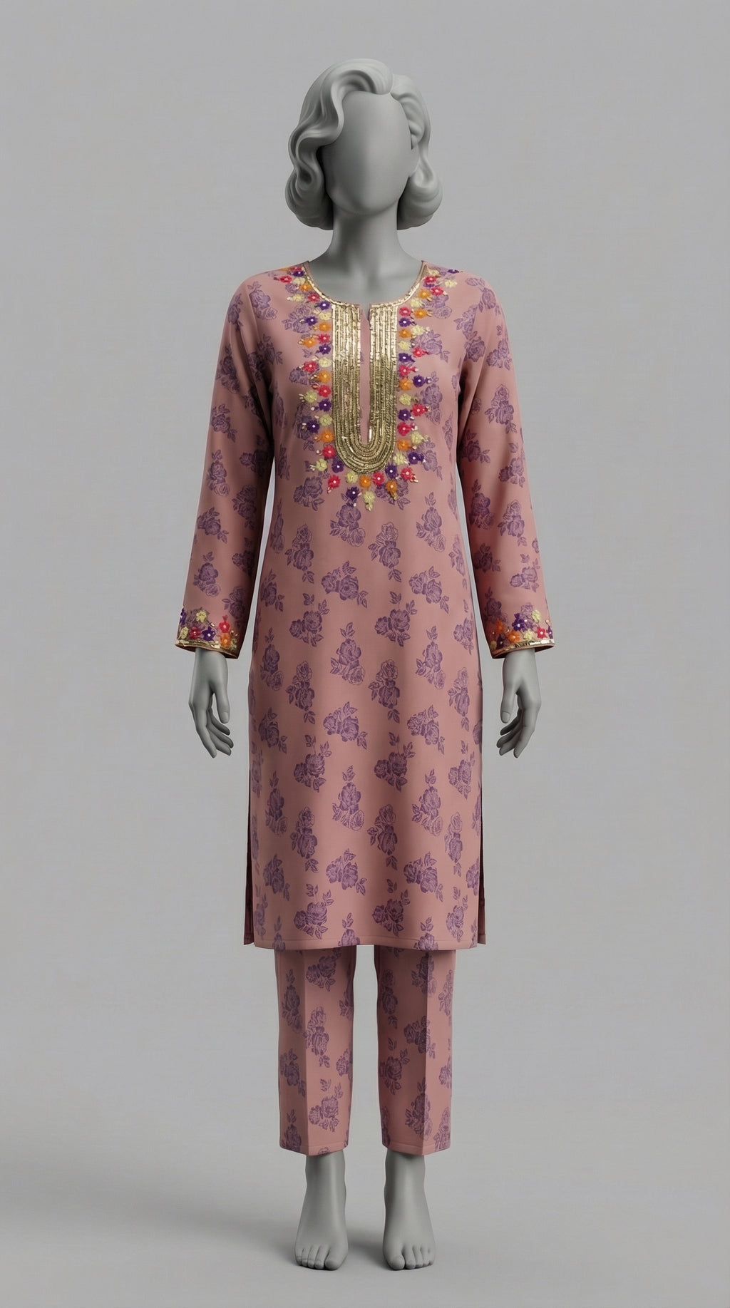 Two piece unstitched peach orange crepe silk suit set
