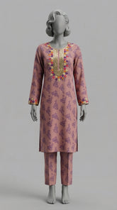 Two piece unstitched peach orange crepe silk suit set
