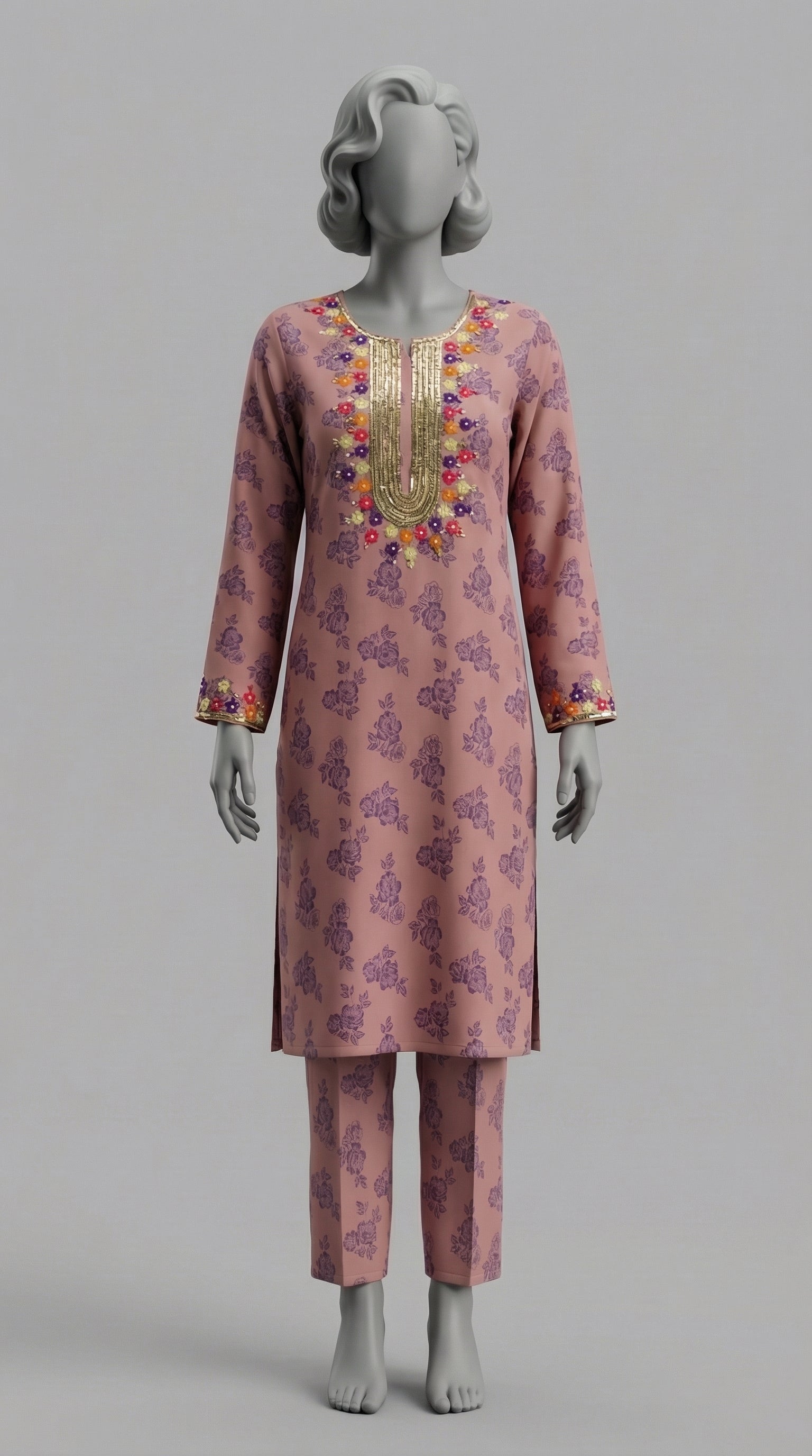 Two piece unstitched peach orange crepe silk suit set
