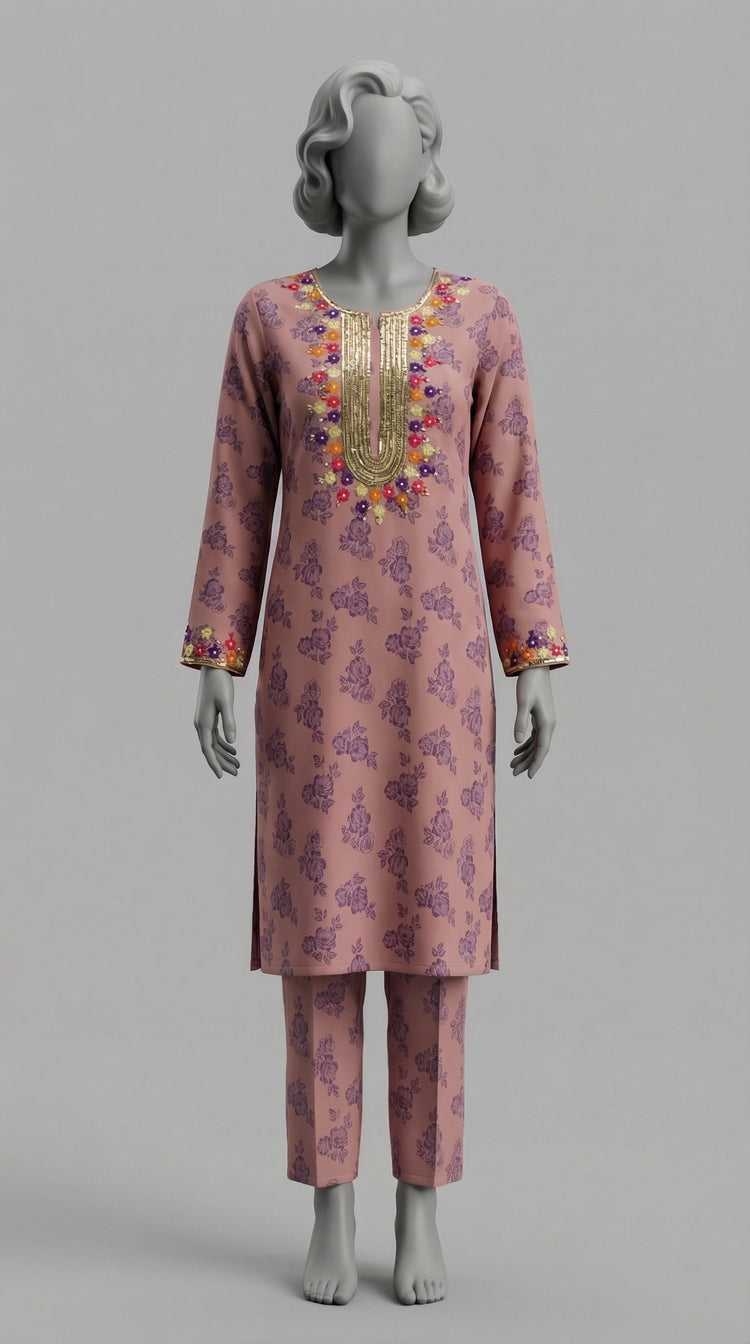 Two piece unstitched peach orange crepe silk suit set
