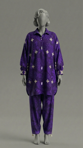 Purple baggy style stitched suit with Balochi embroidery and mirror work
