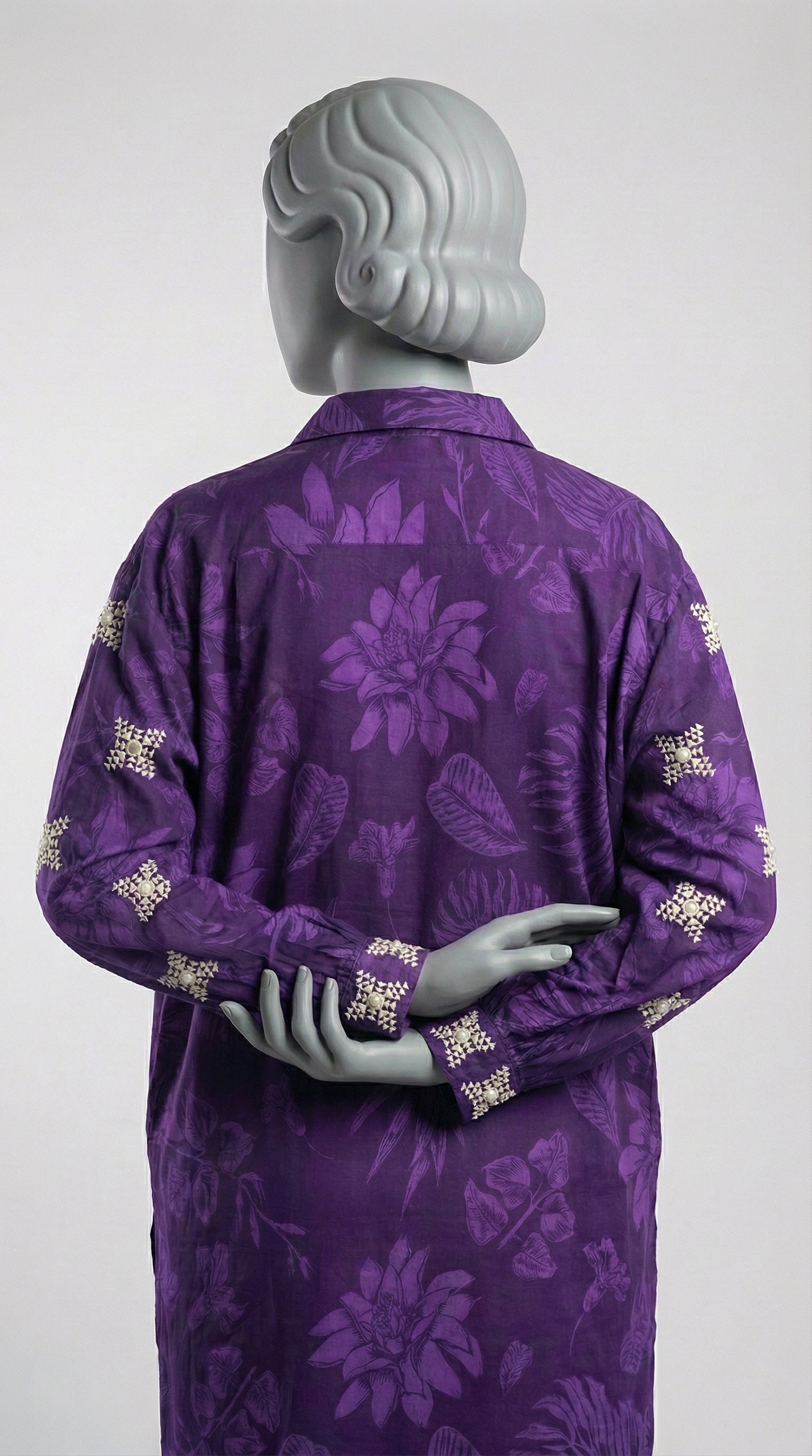 Two piece purple lawn suit with off-white mirror embellishments
