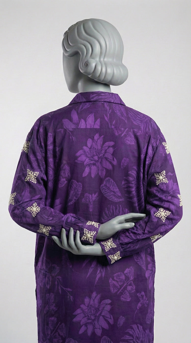 Two piece purple lawn suit with off-white mirror embellishments
