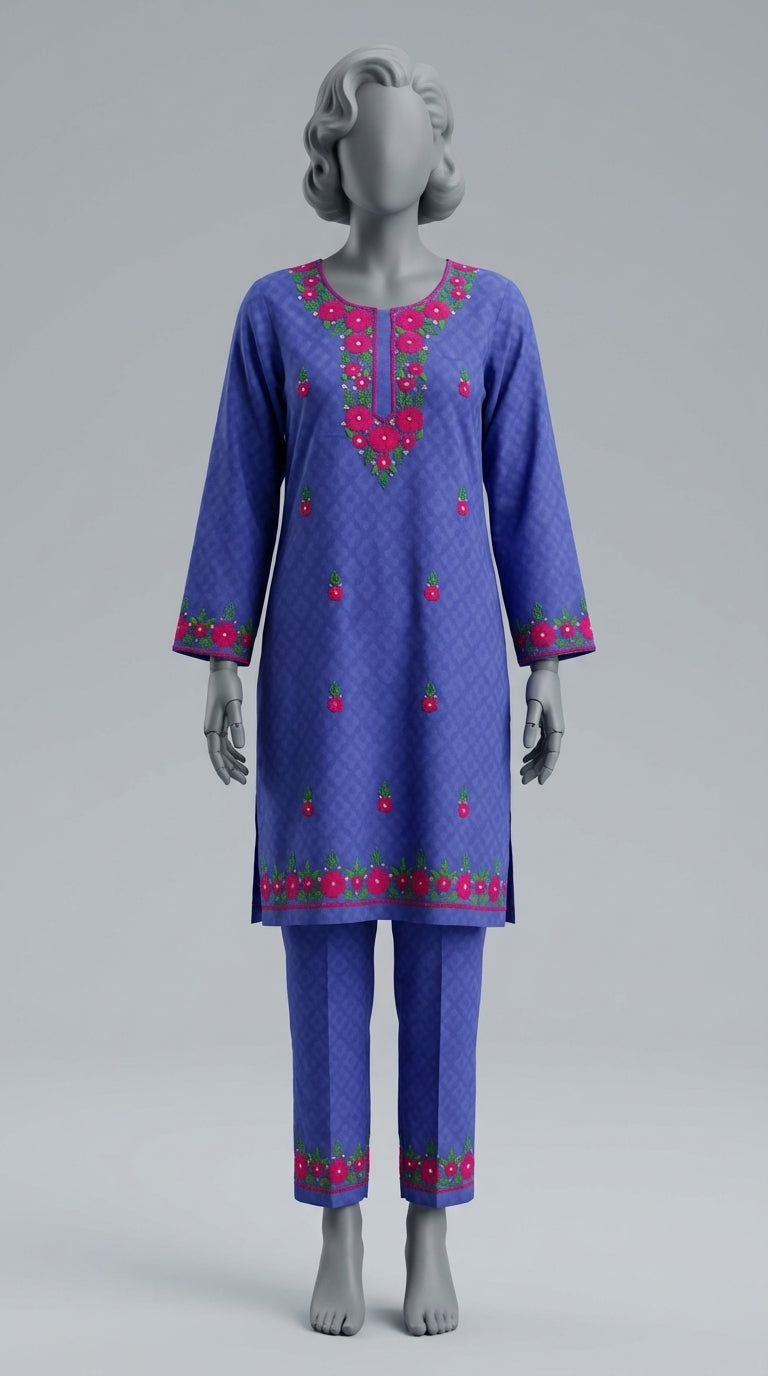 Royal blue hand embroidered lawn suit with polla tanka and mirror work

