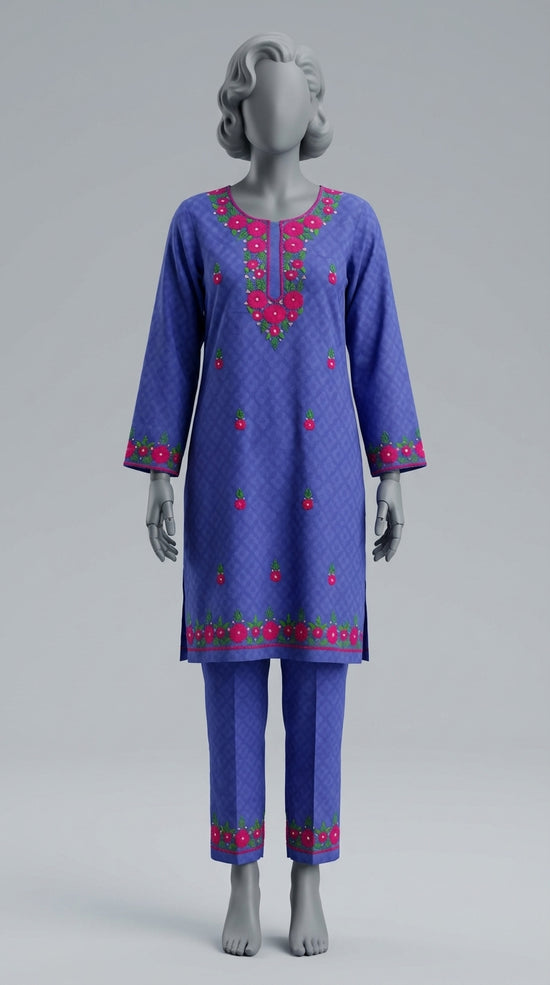 Royal blue hand embroidered lawn suit with polla tanka and mirror work

