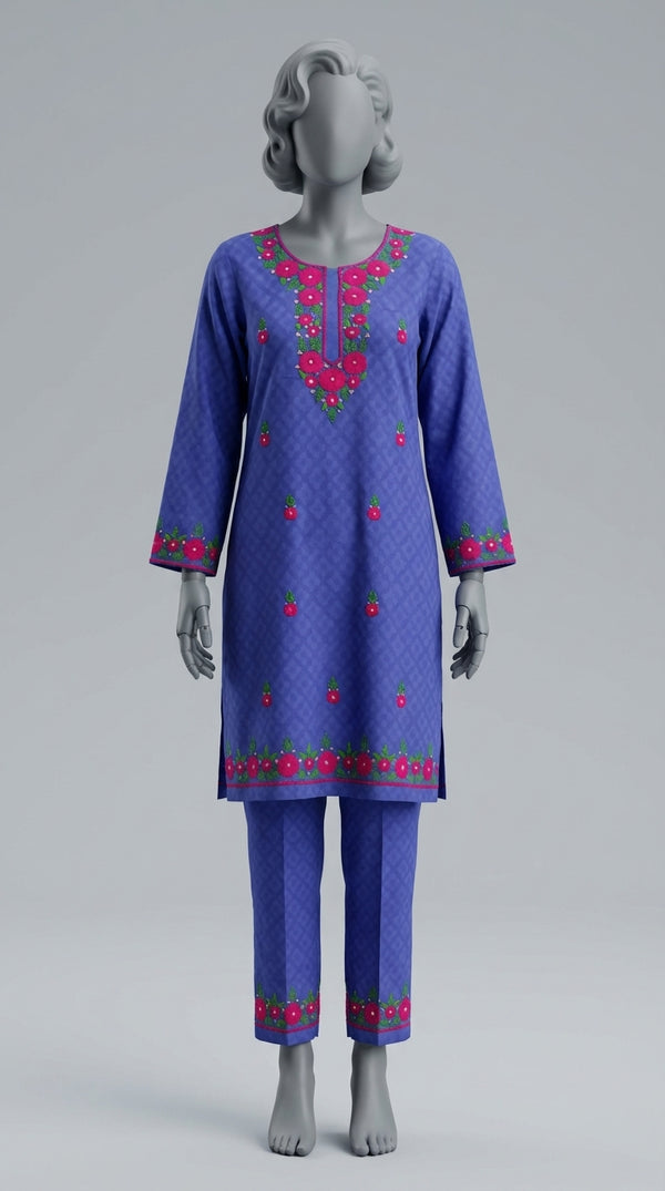 Royal blue hand embroidered lawn suit with polla tanka and mirror work

