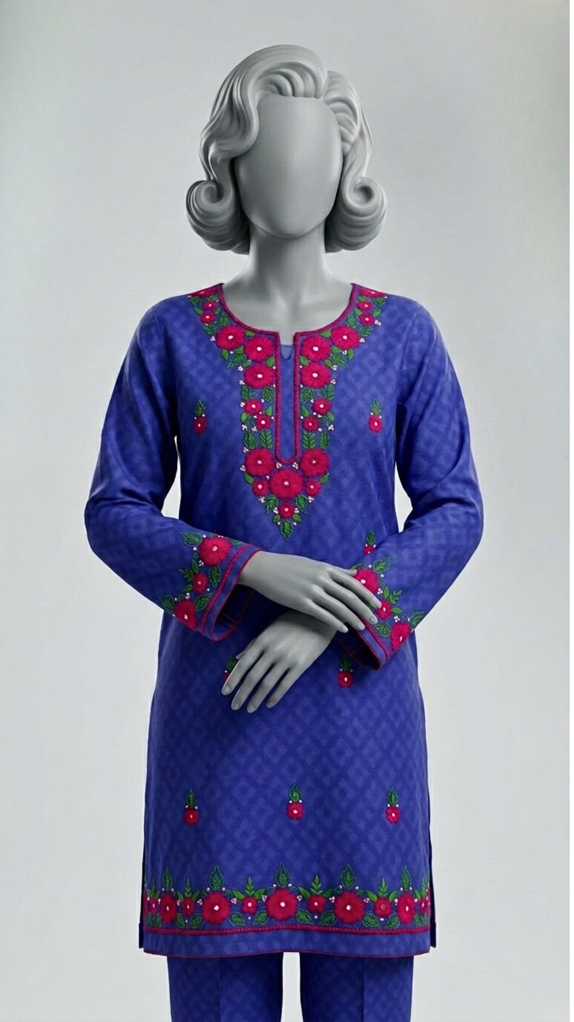 T piece unstitched royal blue lawn suit set with hand embroidery

