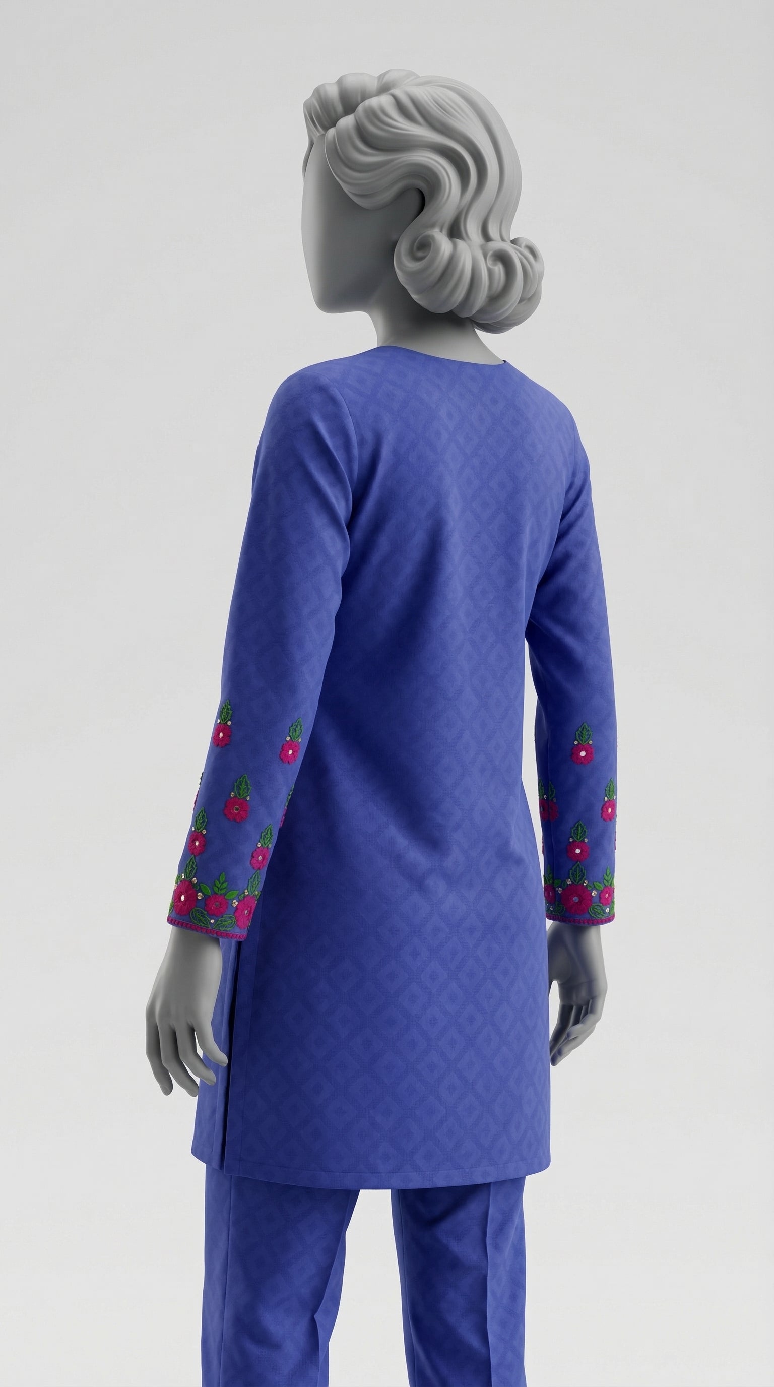 Detail of polla tanka hand embroidery on royal blue lawn fabric

