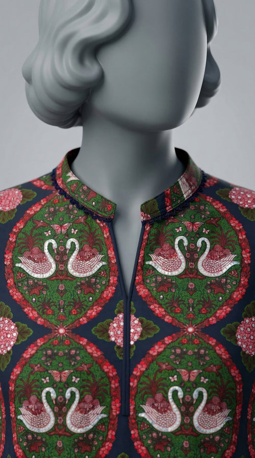 Green and black swan printed shirt with hand embroidered Adda work
