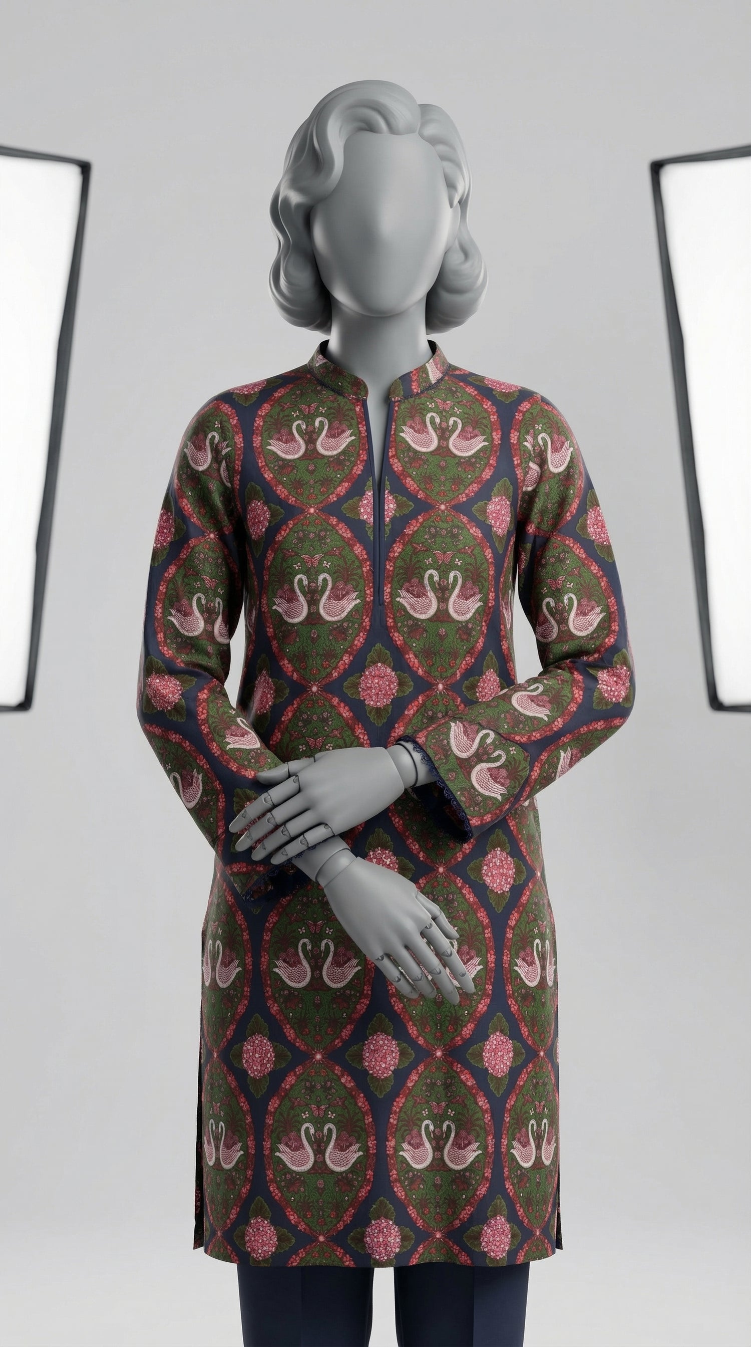 Stitched lawn shirt with swan print and sitara embellishments
