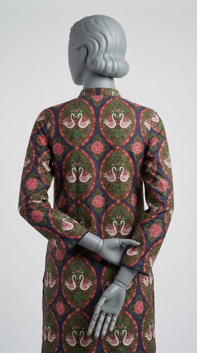 Full view of green black swan printed embroidered kurta shirt
