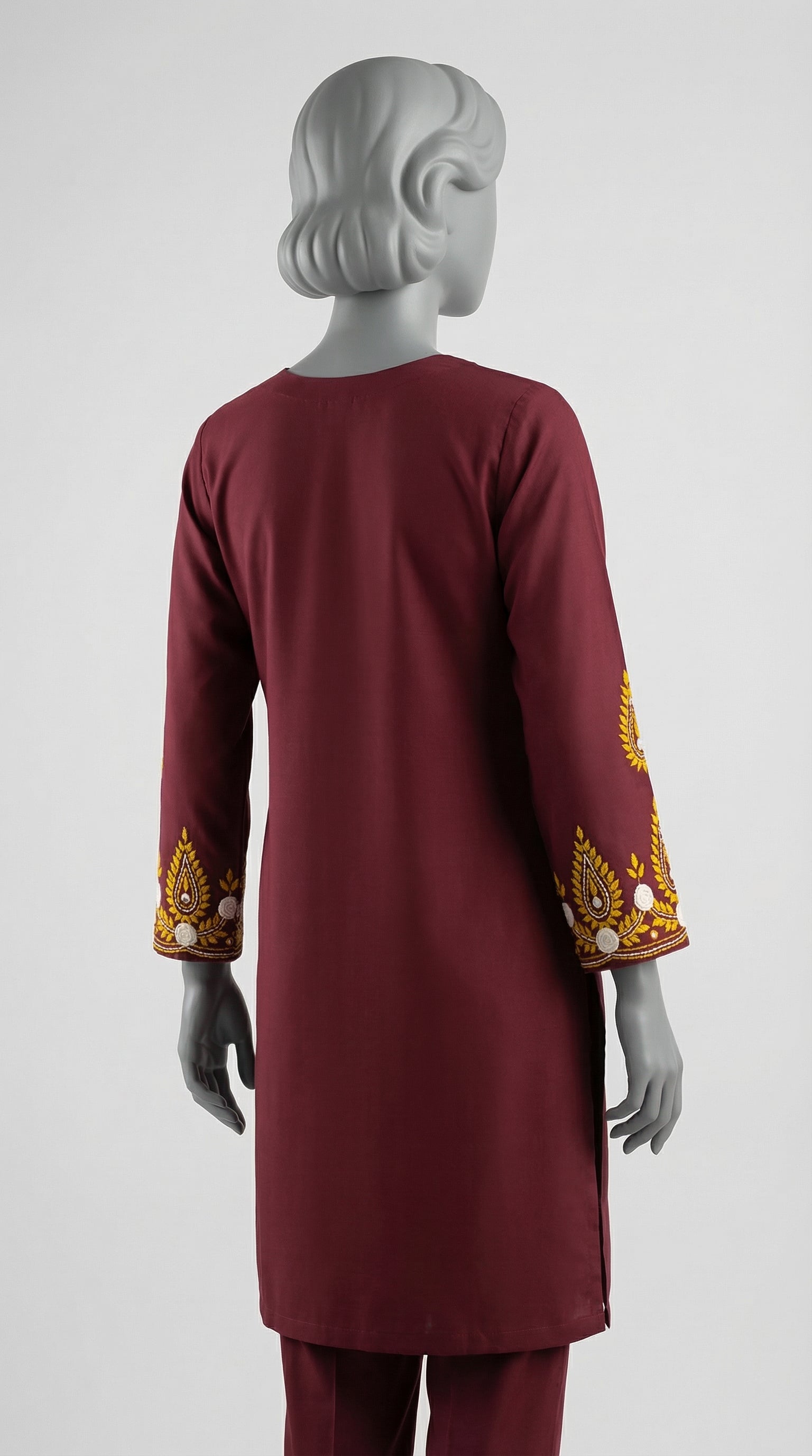 Burgundy hand embroidered lawn suit with rose tanka and polla tanka work

