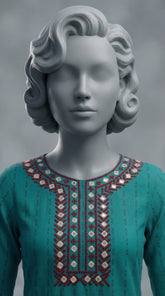 Hand embroidered neckline and sleeves on zinc green cotton suit
