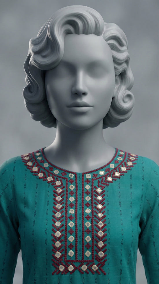 Hand embroidered neckline and sleeves on zinc green cotton suit
