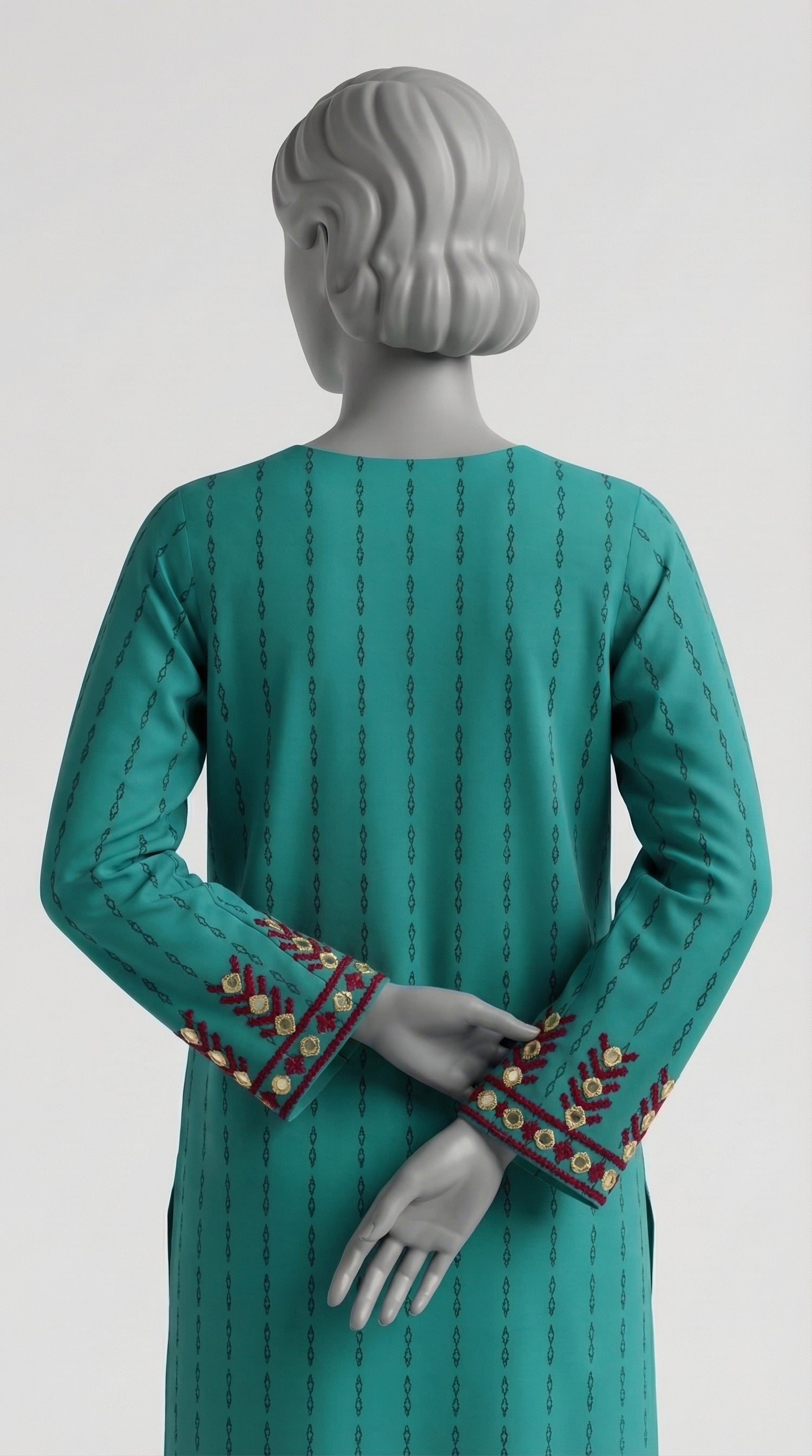Zinc green hand embroidered cotton suit with Adda work and mirrors
