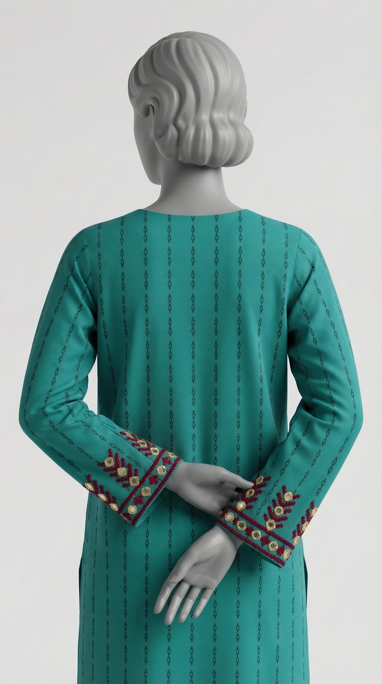 Zinc green hand embroidered cotton suit with Adda work and mirrors
