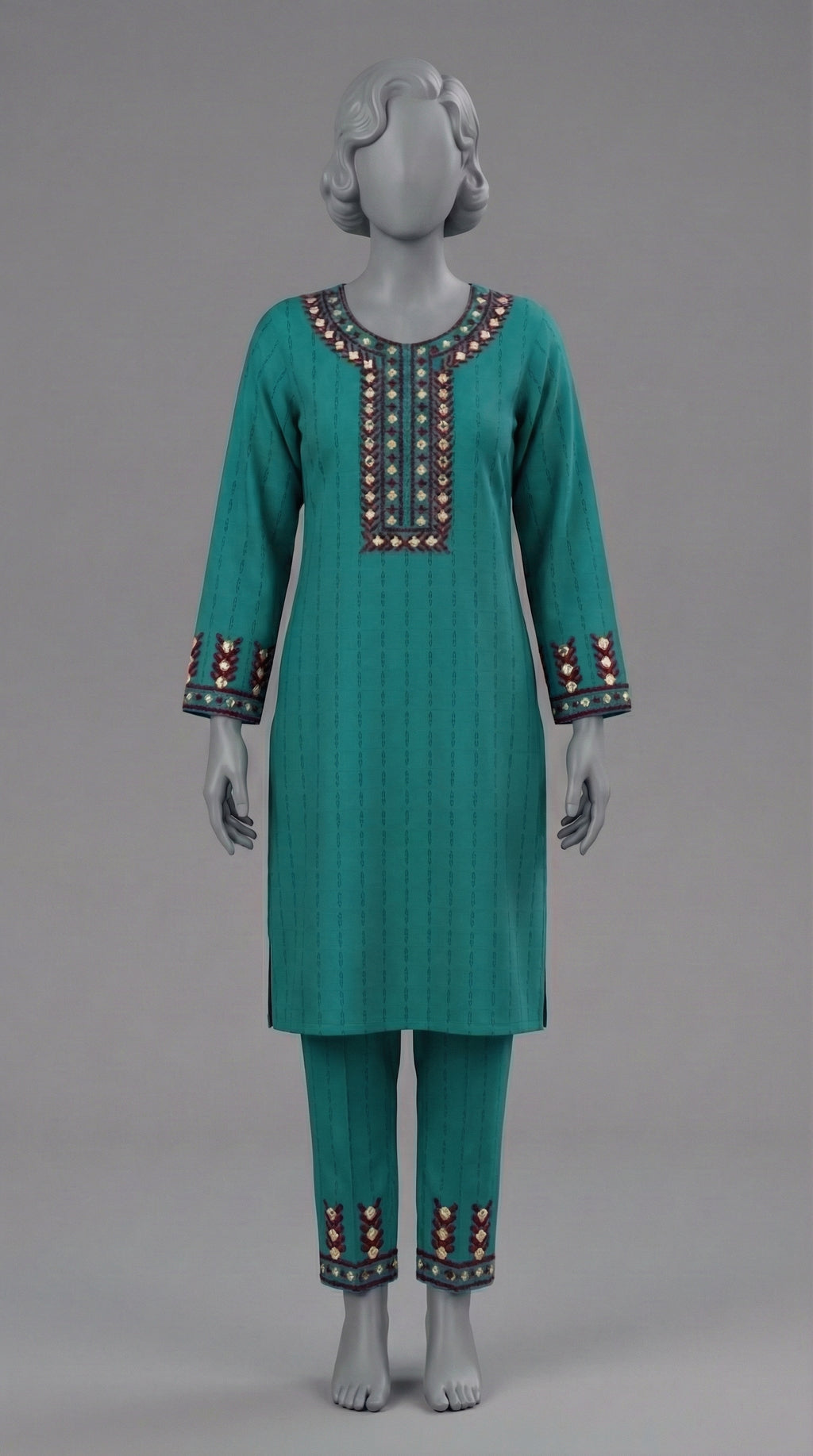  Two piece unstitched zinc green cotton suit with mirror embellishments
