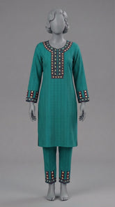  Two piece unstitched zinc green cotton suit with mirror embellishments
