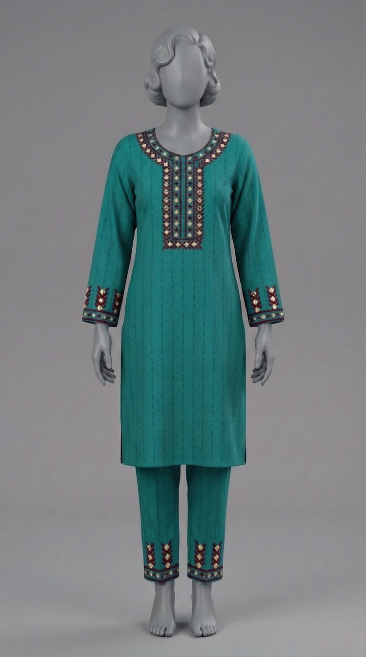  Two piece unstitched zinc green cotton suit with mirror embellishments
